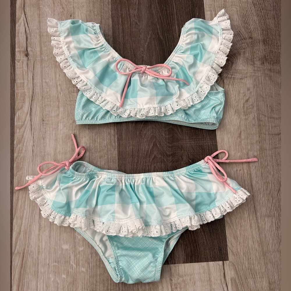 Well Dressed Wolf Go Wildling Turquoise Blue 2 piece Swim Bikini, Girls Sz 7,EUC